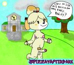  2021 animal_crossing anthro balls barefoot belly big_penis biped breasts canid canine canis chubby_female digital_drawing_(artwork) digital_media_(artwork) domestic_dog english_text exhibitionism feet female female_focus fur genitals glans gynomorph hair hi_res intersex isabelle_(animal_crossing) looking_at_viewer mammal navel nintendo nipples nude outside penis pink_glans pizzayafterdark pubes public public_nudity retracted_foreskin slightly_chubby smile solo tagme text video_games 