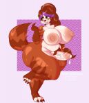  2021 ailurid anthro areola bae-hung-xi balls beckoning belly big_balls big_breasts big_butt big_penis bodily_fluids braided_hair breasts brown_body brown_fur brown_hair butt claws digital_media_(artwork) dripping ear_piercing ear_ring erection eyelashes eyelashes_visible_through_hair fur genital_fluids genitals gesture green_eyes grin gynomorph hair hi_res holding_penis huge_breasts huge_butt huge_penis huge_thighs humanoid_genitalia humanoid_penis hyper hyper_breasts intersex lidded_eyes lips long_eyelashes long_hair looking_aside mammal multicolored_hair navel nipples nude penis piercing precum precum_drip puffy_nipples raised_leg red_panda shaded smile solarissativa solo standing striped_body striped_fur stripes thick_thighs toony 