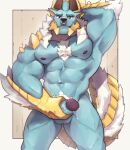  2021 abs anthro balls biceps big_muscles blue_body blue_fur bodily_fluids body_hair border canid canine capcom chest_hair ear_piercing ear_ring erection eyebrows facial_piercing fanged_wyvern front_view fur genital_fluids genitals hand_behind_head hi_res horn humanoid_genitalia humanoid_penis looking_at_viewer makowolf1 male mammal monster_hunter muscular muscular_anthro muscular_male navel nipples nose_piercing nose_ring nude obliques pecs penis penis_grab piercing precum pubes scales simple_background smile solo spikes spikes_(anatomy) standing tan_background tuft video_games white_body white_border white_fur yellow_body yellow_scales zinogre 