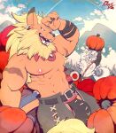  absurd_res armpit_hair bandai_namco beard blonde_hair blue_eyes body_hair bulge clothed clothing digimon digimon_(species) duo ear_piercing eddy_dusty facial_hair food fruit hair hi_res jockstrap leomon male mane muscular nipples piercing plant pumpkin scar serratus smile topless underwear weregarurumon 