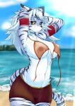  absurd_res anthro big_breasts bikini breasts clothed clothing felid female hair hi_res mammal megane_inu outside pantherine seaside solo stripes swimwear tiger white_body 