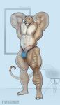  abs anthro big_muscles blush bodily_fluids brown_body brown_fur chair clothing erection felid fur furniture genital_fluids genitals hands_behind_head hi_res hybrid liger lion looking_at_viewer mainlion male mammal muscular muscular_anthro muscular_male navel nipples pantherine pecs penis precum purrcules_(character) solo standing stripes text underwear url 