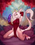  anthro antlers asian_clothing asian_mythology bed bedroom_eyes blue_eyes chinese_clothing chinese_dress claws clothing dildo dragon dress east_asian_clothing east_asian_mythology eastern_dragon female furniture green_tongue hair hi_res horn kassiradragon looking_at_viewer mythology narrowed_eyes open_mouth pink_body pink_hair red_clothing red_dress seductive sex_toy solo tongue whiskers zullie 