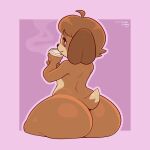  1:1 ahoge animal_crossing anthro beverage big_butt brown_body brown_fur brown_hair butt canid canine canis coffee coffee_cup container cup digby_(animal_crossing) dipstick_tail domestic_dog freckles frumples fur girly hair huge_butt looking_at_viewer looking_back male mammal markings nintendo nude purple_background rear_view short_tail simple_background sitting smile solo steam tail_markings teapot_(body_type) thick_thighs video_games wide_hips 