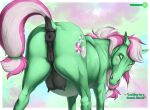  2021 animal_genitalia animal_pussy anus blush butt cutie_mark dialogue digital_media_(artwork) english_text equid equine equine_pussy female feral genitals hasbro hi_res horse looking_at_viewer looking_back mammal minty_(mlp) my_little_pony pussy rear_view solo teats text truegrave9 