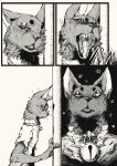  ager anthro bell bell_collar big_ears bubble circle_eyebrows clothing collar domestic_cat drunk drunk_bubble eyebrows fangs felid feline felis halftone headshot_portrait male mammal open_mouth portrait screentone shirt solo street_lamp substance_intoxication topwear yawn 