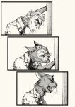  ager anthro bell bell_collar breath clothing collar comic domestic_cat eyebrows fangs felid feline felis fur grabbing_pole hair halftone male mammal mid_transformation pained_expression pupils screentone shirt slit_pupils solo species_transformation spiky_hair street_lamp thick_eyebrows topwear transformation transformation_sequence 