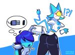  ?! ambiguous_gender android angry butt clothed clothing clothing_lift deltarune duo embarrassed felid female female_focus hi_res human humanoid humor kris_(deltarune) machine mammal raised_clothing robot signature tasque_manager thatguynamedjoe thought_bubble toony undertale_(series) usb video_games 
