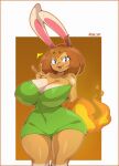  absurd_res anthro big_breasts blush breasts brown_hair chelizi_(diives) cleavage clothed clothing female fur gesture hair hi_res lagomorph leporid mammal multicolored_body multicolored_fur negullust rabbit solo two_tone_body two_tone_fur v_sign wide_hips xingzuo_temple 