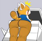  aggressive_retsuko ailurid anthro blush bottomwear butt clothed clothing female genitals lewdcrow looking_back low-angle_view mammal no_underwear pencil_skirt photocopier pussy red_panda retsuko sanrio shocked simple_background skirt solo 