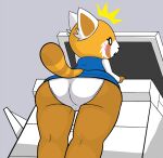  aggressive_retsuko ailurid anthro blush bottomwear butt camel_toe clothing female lewdcrow looking_back low-angle_view mammal panties panty_shot pencil_skirt photocopier red_panda retsuko sanrio shocked simple_background skirt solo underwear white_panties 