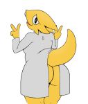  alpha_channel alphys anthro big_butt butt clothing coat double_v_sign exposed_butt female gesture lab_coat lewdcrow looking_back open_mouth rear_view reptile scalie simple_background solo thick_tail thick_thighs topwear undertale undertale_(series) v_sign video_games wide_hips yellow_body yellow_skin 