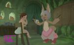  age_regression ambiguous_gender anthro baby blush book chalkboard curtains diaper duo exalius female high_chair human lagomorph leporid looking_back made_in_abyss mammal nanachi narehate rabbit rattle standing stick teaching young 