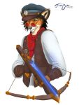  3:4 anthro canid canine crossbow eyewear fox fur glasses hi_res male mammal ranged_weapon red_body red_fox red_fur rusudan_almazova_(artist) solo steampunk tayrush_(character) weapon 