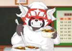  2021 ailurid anthro blurred_background clothed clothing cooking detailed_background digital_drawing_(artwork) digital_media_(artwork) eyes_closed food front_view humanoid_hands inside kemono lifewonders mammal mijinkoooknijim red_body red_panda smile smiling_at_viewer solo tokyo_afterschool_summoners video_games young zhurong_(tas) 