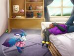  anthro bed bedroom book clothed clothing cobalt_delta cute_expression duo eevee eeveelution female furniture hi_res kimsretroshirt male maleherm_(lore) nintendo parent_and_daughter pok&eacute;mon pok&eacute;mon_(species) tongue tongue_out umbreon video_games window zero3_delta 