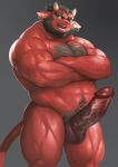  2020 abs anthro areola balls beard big_penis biped black_beard black_hair black_nipples body_hair bovid bovine brown_balls brown_penis cattle chest_hair crossed_arms ear_piercing ear_ring erection eyebrows facial_hair fur genitals glans gradient_penis green_eyes grey_background hair happy_trail hi_res horn humanoid_genitalia humanoid_penis incarnata male mammal navel nipples nude open_mouth pecs penis piercing pink_glans portrait pose pubes red_body red_fur saburoumaru simple_background smile solo standing three-quarter_portrait vein veiny_penis 