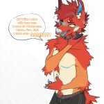  1:1 ailurid anthro blue_flesh blush blush_lines bodily_fluids canid canine chhips clothed clothing dialogue english_text food goldendoqqs hi_res hybrid male mammal open_mouth phone pizza red_body red_panda simple_background solo sweat sweatdrop text topless underwear 