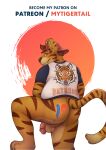  2019 anthro balls bottomless bottomless_male butt chubby_male clothed clothing english_text felid genitals humanoid_genitalia humanoid_penis male mammal mytigertail pantherine penis simple_background solo text tiger white_background 
