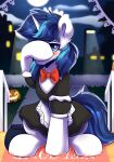  blue_eyes blue_hair blush bow_tie cauldron clothed clothing covering covering_face crossdressing equid equine friendship_is_magic full_moon hair hasbro hi_res horn maid_apron maid_hat maid_headdress maid_uniform male mammal moon my_little_pony night porch shadowreindeer shining_armor_(mlp) sitting solo trick_or_treat unicorn uniform welcome_mat 