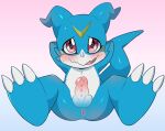  anthro anus balls bandai_namco blue_body blush butt digimon digimon_(species) erection genitals hentaib hi_res horn male penis presenting presenting_anus red_eyes solo spread_legs spreading veemon 