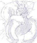  2015 ambiguous_gender anthro bed blue_and_white breasts cuddling duo embrace female female/ambiguous fluffy fluffy_tail fur furniture hair hi_res holding_tail hug larger_female long_hair long_tail looking_down lying mammal mephitid monochrome on_bed on_side pillow sakamata size_difference sketch skunk smaller_ambiguous smile tail_between_legs tail_hug thick_tail thick_thighs 