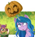  alpha_channel blue_hair bodily_fluids book brush bulging_vein duo equid equine hair hasbro hi_res horse izzy_moonbow_(mlp) jack-o&#039;-lantern mammal mlp_g5 my_little_pony neck_bulge paintbrush pony purple_hair sunny_starscout_(mlp) sweat uotapo vain 