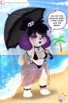  2:3 animal_crossing anklet anthro beach bikini breasts canid canine canis cleavage clothed clothing dialogue digital_media_(artwork) domestic_dog english_text eyeshadow female fishnet fur goth gothabelle hair isabelle_(animal_crossing) jewelry makeup mammal navel necklace nintendo open_mouth outside purplevulpes sand seaside shih_tzu solo swimwear text thick_thighs topwear toy_dog umbrella video_games yellow_body yellow_fur 