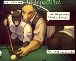  2021 anthro anthro_on_anthro ball bent_over big_bulge billiards blacksad bodily_fluids bottomwear bulge butt clothed clothing cutaway dialogue domestic_cat dress_shirt duo english_text erection erection_under_clothing eyebrows felid feline felis hand_holding hi_res holding_object humanoid_hands iguanid imminent_sex inside inviting john_blacksad lizard looking_at_another male male/male mammal muscular muscular_anthro muscular_male narrowed_eyes pants paulie_(blacksad) reptile scalie shirt sign signature smile standing sweat tenting text topwear vest vhkansfweer whiskers 