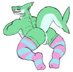  andromorph anthro anus butt clothing facial_piercing fin fish genitals gills green_body hi_res intersex legwear marine muscular nonbinary_(lore) nose_piercing piercing presenting presenting_anus presenting_hindquarters presenting_pussy pussy shark shark_tail simple_background solo stockings tourmaline_(shark) tourmaline_shark_(artist) white_background 