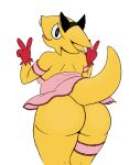  alpha_channel alphys anthro big_butt butt clothed clothing double_v_sign dress exposed_butt fake_cat_ears fake_ears female gesture gloves handwear lewdcrow looking_back no_underwear open_mouth rear_view reptile scalie simple_background solo thick_tail thick_thighs undertale_(series) v_sign wide_hips yellow_body yellow_skin 