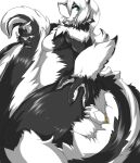  2015 ambiguous_gender anthro butt digital_media_(artwork) duo facesitting female female/ambiguous fluffy fluffy_tail fur hair hand_on_hip hi_res holding_tail larger_female long_hair long_tail mammal mephitid overweight overweight_female sakamata simple_background size_difference skunk smile smothering tail_between_legs thick_thighs trapped wide_hips 