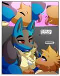  &lt;3 4:5 absurd_res anthro anthrofied black_nose blue_body blue_fur blush bodily_fluids brown_body brown_fur canid canine chest_tuft comic deerrobin dialogue drooling eevee english_text french_kissing fur hi_res kissing licking lips lucario male male/male mammal muscular muscular_male neck_tuft nintendo onomatopoeia open_mouth pink_background pok&eacute;mon pok&eacute;mon_(species) saliva saliva_on_tongue saliva_string simple_background size_difference sloppy_kiss sound_effects teeth text tongue tongue_out tuft video_games 