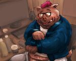  2021 5:4 anthro belly blush bottomwear brown_body clothing computer detailed_background eyewear glasses humanoid_hands inside kemono male mammal overweight overweight_male pants shirt sippo sitting solo suid suina sus_(pig) tongue tongue_out topwear undressing wild_boar 
