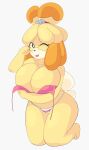  absurd_res animal_crossing anthro bell big_breasts bikini breasts canid canine canis clothing cytrusawa domestic_dog eyewear female glasses hi_res holding_breast isabelle_(animal_crossing) kneeling looking_at_viewer mammal nintendo one_eye_closed shih_tzu solo swimwear thick_thighs tongue tongue_out toy_dog untied_bikini video_games wink 