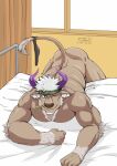  accessory anthro bed biceps body_hair bovid bovine butt cattle chest_hair clothing furniture headband hi_res horn lifewonders linorange0212 male mammal muscular muscular_anthro muscular_male naughty_face nude one_eye_closed shennong solo thong tokyo_afterschool_summoners underwear video_games wink 