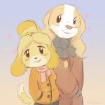  1:1 2021 aggressive_retsuko animal_crossing anthro borzoi canid canine canis clothed clothing coat digital_media_(artwork) domestic_dog duo female fully_clothed fur gradient_background hi_res hunting_dog inui_(aggressive_retsuko) isabelle_(animal_crossing) mammal nintendo ribbontini sanrio scarf shih_tzu sighthound simple_background smile topwear toy_dog video_games white_body white_fur yellow_body yellow_fur 