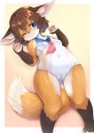  2021 5_fingers anthro biped blue_eyes blush breasts brown_body brown_fur brown_hair camel_toe canid canine clothing countershade_fur countershading female fingers fluffy fluffy_tail fox fur gloves_(marking) hair hi_res inner_ear_fluff kageroh kemono leg_markings leotard mammal markings navel nipples one_eye_closed orange_body orange_fur pawpads paws pink_nipples pink_pawpads short_hair socks_(marking) solo tight_clothing translucent translucent_clothing tuft white_body white_fur young 
