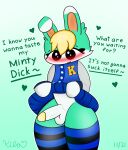  absurd_res animal_crossing anthro balls blonde_hair bodily_fluids clothed clothing clothing_lift dialogue digital_media_(artwork) english_text erection fur genital_fluids genitals green_body green_fur hair hi_res humanoid_genitalia humanoid_penis kilomint_(artist) lagomorph legwear leporid leproid looking_at_viewer male mammal nintendo nude partially_clothed penis precum rabbit sasha_(animal_crossing) shirt shirt_lift simple_background smile solo standing talking_to_viewer text thigh_highs topwear video_games 