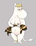  annoyed anthro blonde_hair blush breasts cleft_of_venus female fur genitals grey_background hair hi_res holding_object honeymono leg_ring mammal moomin nipples nude pussy simple_background slightly_chubby snorkmaiden solo standing tail_tuft the_moomins towel tuft white_body 