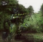  2021 anthro black_body black_fur bodysuit breasts camo canid canine canis clothed clothing dubmare eyewear female fingers fur gun hi_res high_heels mammal outside partially_submerged ranged_weapon rifle signature skinsuit sligarthetiger sniper_rifle solo standing sunglasses swamp thick_thighs tight_clothing water weapon wide_hips wolf 