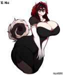  2018 absurd_res anthro armwear artist_name big_breasts black_body black_fur black_hair blush breasts canid canine canis cleavage clothed clothing curvy_figure digital_media_(artwork) domestic_dog dress elbow_gloves eyelashes eyeshadow facial_piercing female fingers fur gloves hair handwear hi_res highlights_(coloring) hourglass_figure huge_breasts looking_at_viewer makeup mammal mixi_elkhound multicolored_body multicolored_fur multicolored_hair nose_piercing nose_ring piercing red_eyes red_hair red_highlights short_hair simple_background smile solo superix thick_thighs two_tone_body two_tone_fur two_tone_hair voluptuous white_background white_body white_fur wide_hips 