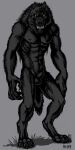  1:2 4_toes abs animal_genitalia anthro attached_sheath balls black_body black_claws black_fur canid canine claws digitigrade feet fully_sheathed fur genitals grey_background kyoht_luterman looking_at_viewer male mammal nipples nude pawpads sheath simple_background skinny skinny_male small_ears solo toe_claws toes were werecanid werecanine werewolf white_eyes 
