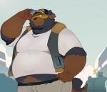  2021 anthro belly black_body black_nose bottomwear brown_body canid canine canis clothing domestic_dog group hat headgear headwear hi_res humanoid_hands kemono male mammal overweight overweight_male pants quanjiang shirt topwear visor 