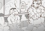  anthro bath bathhouse bathing belly blush crossed_arms dark_ishihara domestic_cat duo english_text eyes_closed felid feline felis frown kaneinu_kosuke male mammal muscular muscular_anthro muscular_male navel nude open_mouth pantherine partially_submerged slightly_chubby smile steam text tiger translated water 