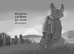  2021 anthro canid canine clothed clothing cross-popping_vein disney duo fox fully_clothed grass hi_res inktober inktober_2021 judy_hopps judyhopps44 lagomorph leporid mammal monochrome nick_wilde outside plant rabbit red_fox sitting sunset tail_grab zootopia 