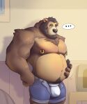  2021 5_fingers anthro barazoku beard belly big_bulge big_muscles black_claws black_hair black_nose black_pawpads blush body_hair bottomwear brown_body brown_fur brown_hair bulge chest_hair claws clothed clothing cutoffs denim denim_clothing ear_piercing ear_ring facial_hair fingers fur hair happy_trail hi_res humanoid_hands jockstrap male mammal musclegut muscular muscular_anthro muscular_male open_shorts pawpads piercing rheobear scar shorts solo standing topless underwear ursid 