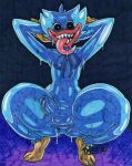  anthro anus balls blue_balls blue_body blue_fur blue_glans blue_penis crouching front_view fur genitals glans glistening glistening_body hands_behind_head hi_res huggy_wuggy humanoid_genitalia humanoid_penis lips long_tongue looking_at_viewer male monster parasitedeath penis poppy_playtime sharp_teeth solo spread_legs spreading teeth thick_lips thick_thighs tongue 
