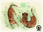  2018 ambiguous_gender duo felid feral leaf mammal mytigertail painting_(artwork) pantherine signature tiger traditional_media_(artwork) water watercolor_(artwork) 