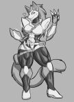  2021 abs anthro belt belt_buckle belt_pouch big_muscles breasts clothed clothing deltarune domestic_cat fan_character felid feline felis female hair hi_res huge_muscles latex_clothing latex_legwear mammal monochrome muscular muscular_female muscular_thighs solo tasque_manager tridark undertale_(series) unfinished video_games 